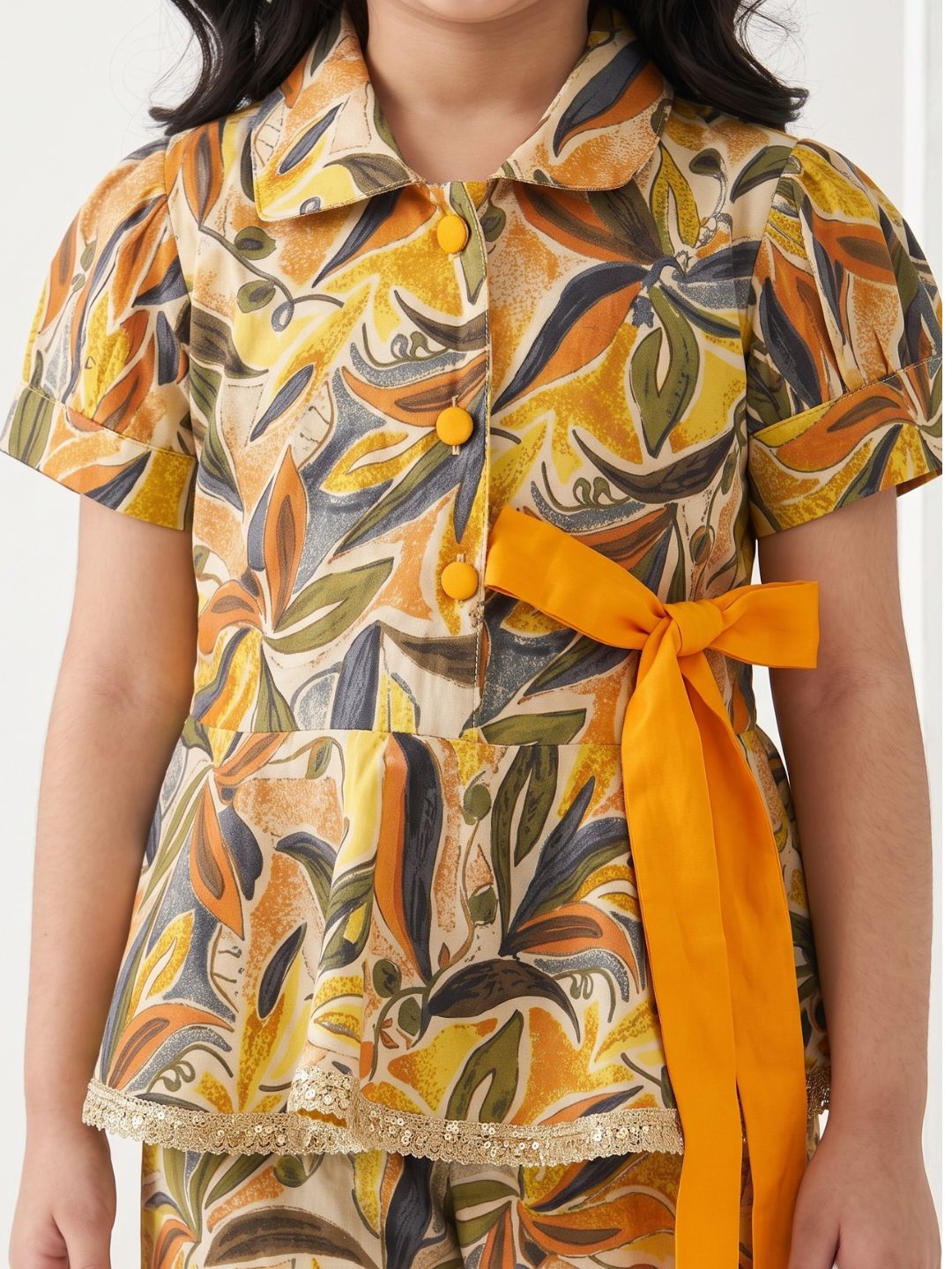AJ Dezines Yellow Floral print Pure cotton Co-Ords Set For Girls