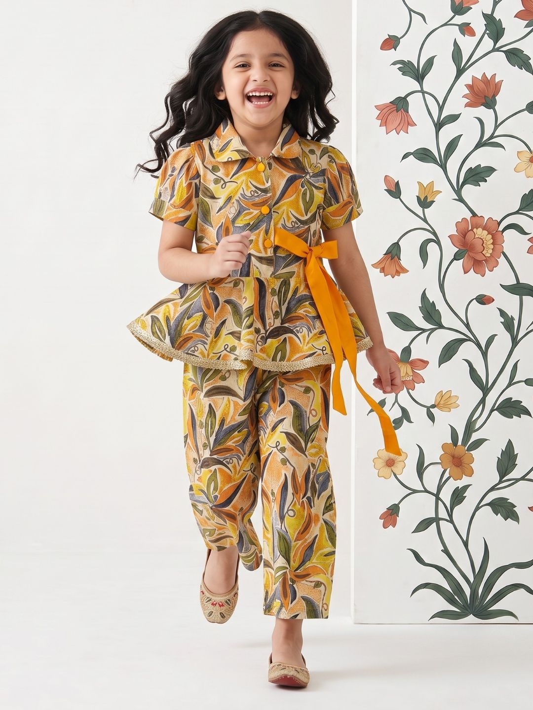 AJ Dezines Yellow Floral print Pure cotton Co-Ords Set For Girls