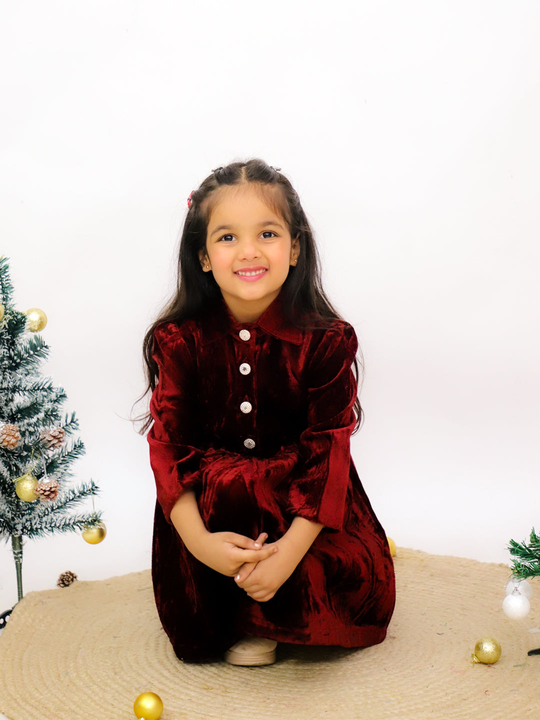 Maroon Velvet Full Sleeves Solid Frock