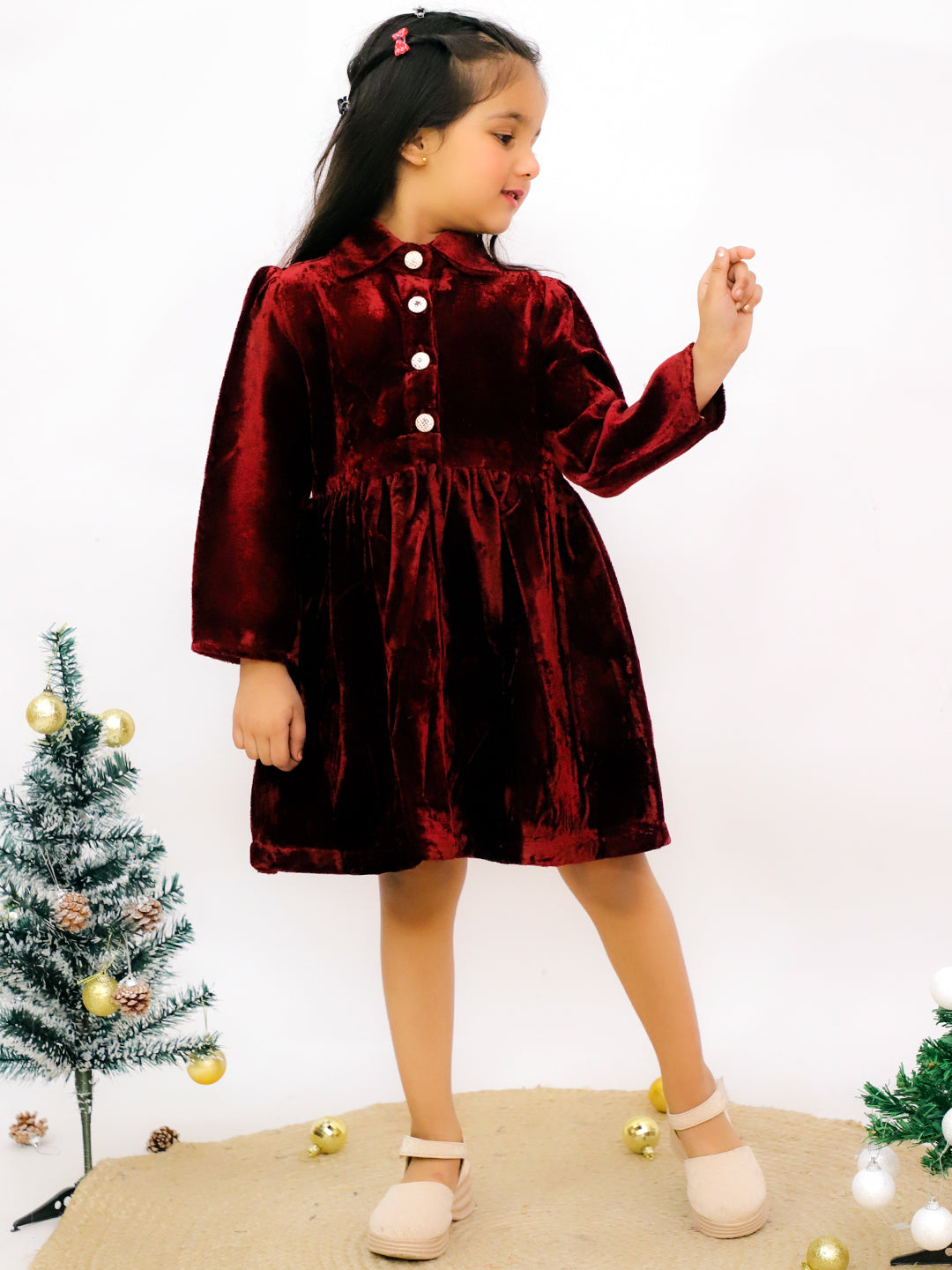 Maroon Velvet Full Sleeves Solid Frock