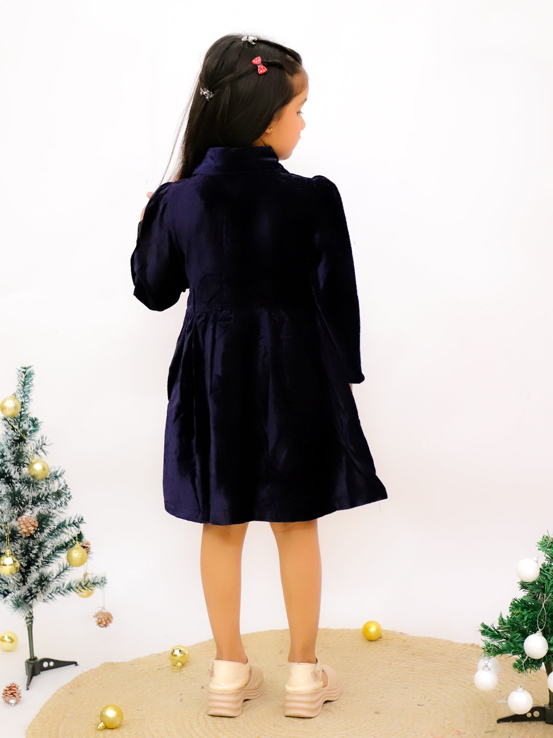 Navy Blue Velvet Full Sleeves Solid Frock