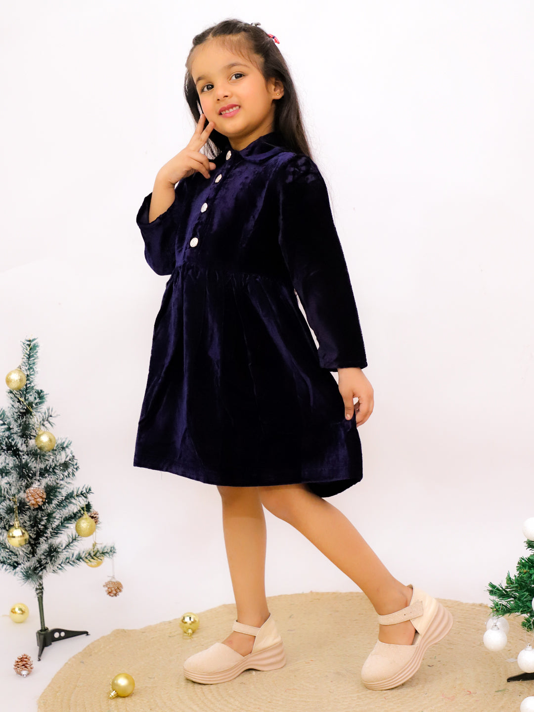 Navy Blue Velvet Full Sleeves Solid Frock