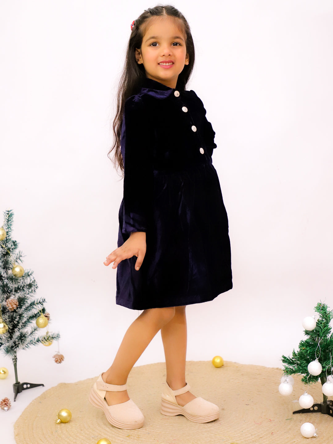 Navy Blue Velvet Full Sleeves Solid Frock