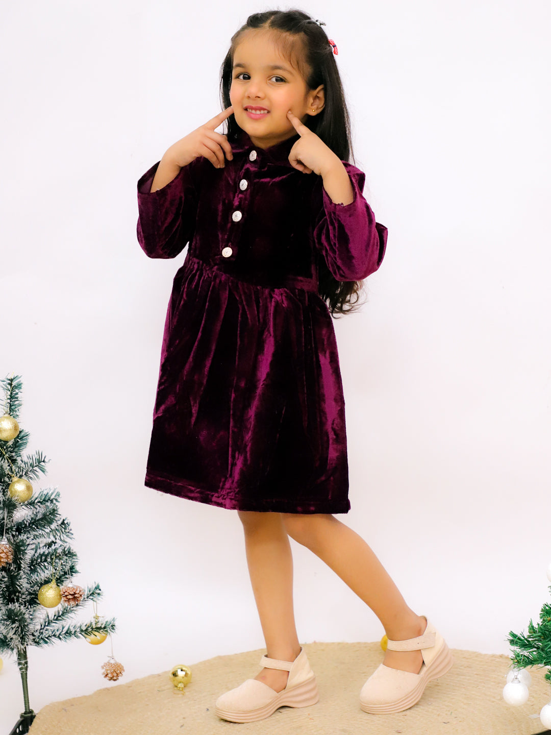 Purple Velvet Full Sleeves Solid Frock