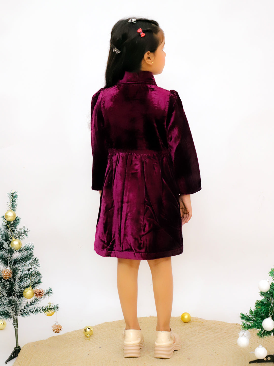 Purple Velvet Full Sleeves Solid Frock