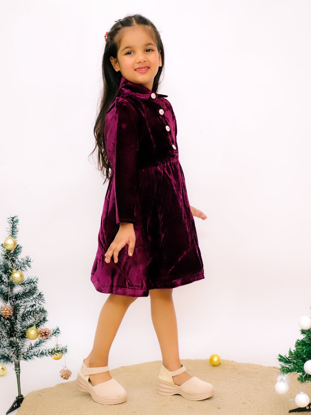 Purple Velvet Full Sleeves Solid Frock