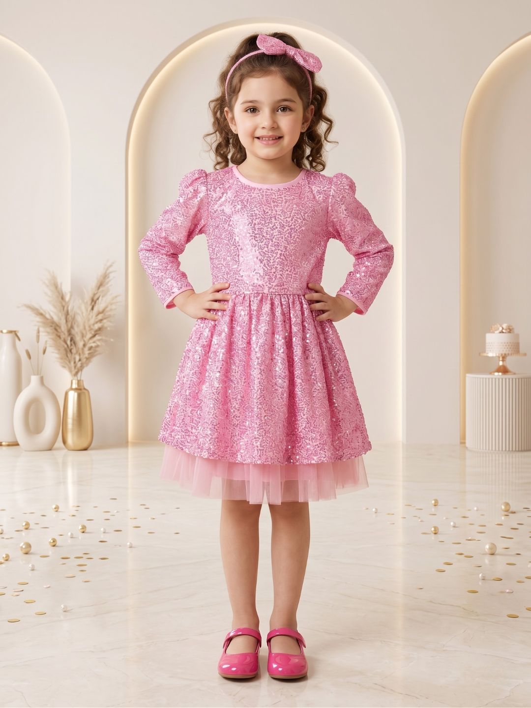 Pink Sequins Party Wear Frock For Girls with Hairband