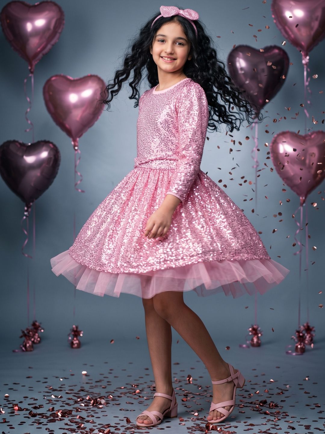 Pink Sequins Party Wear Frock For Girls with Hairband
