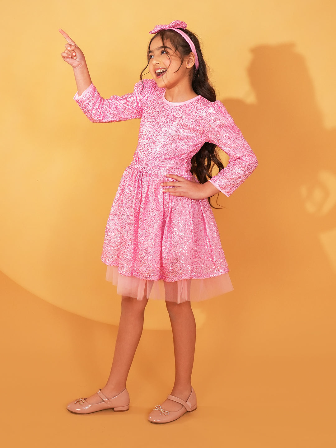 Pink Sequins Party Wear Frock For Girls with Hairband