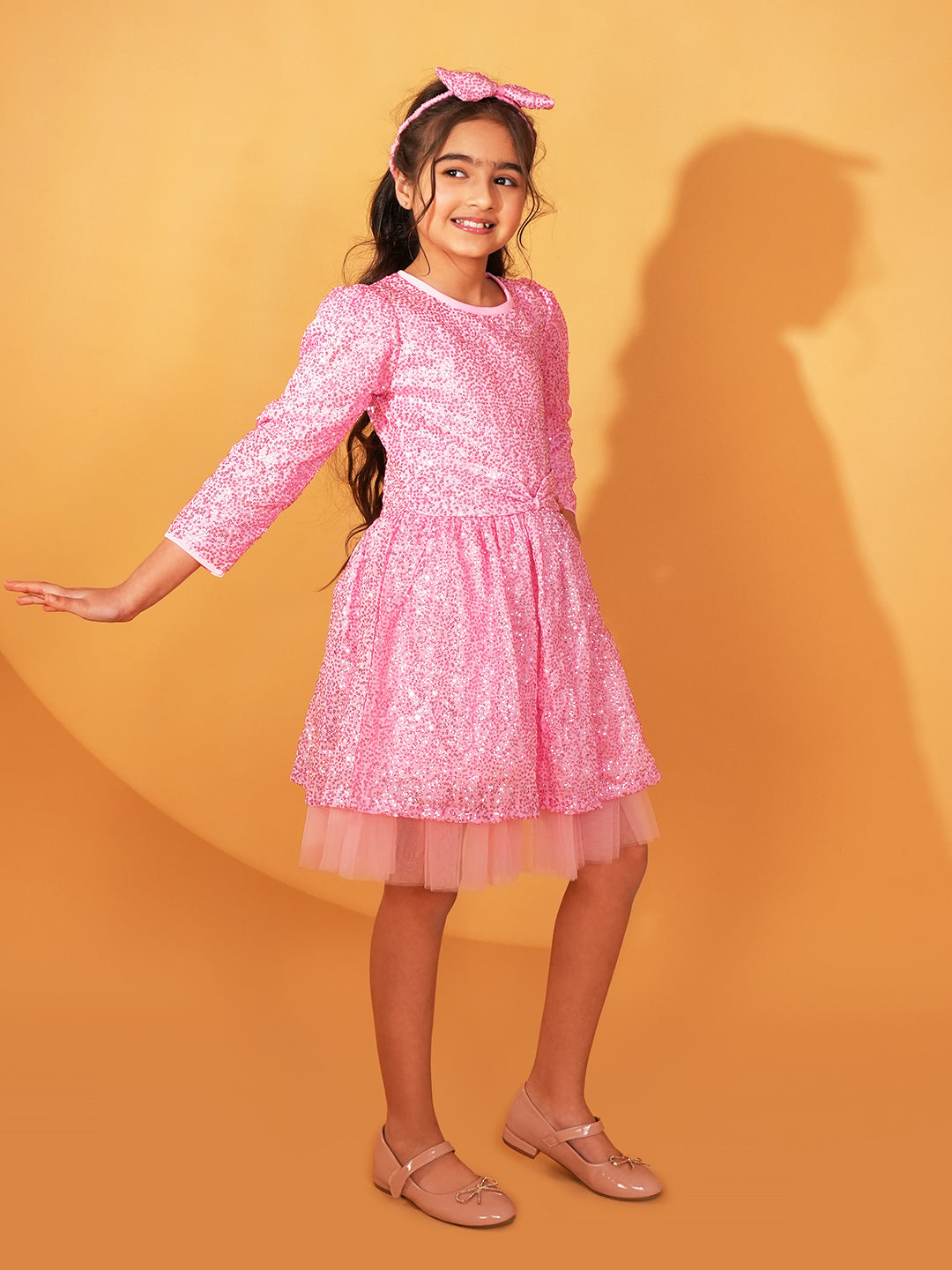 Pink Sequins Party Wear Frock For Girls with Hairband