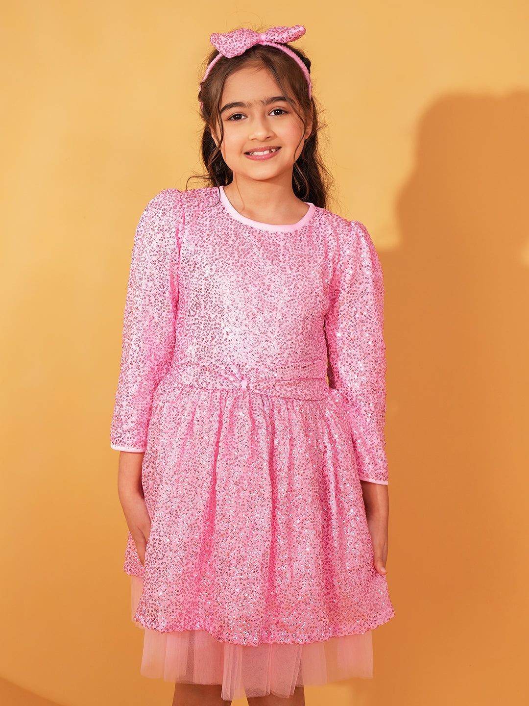 Pink Sequins Party Wear Frock For Girls with Hairband