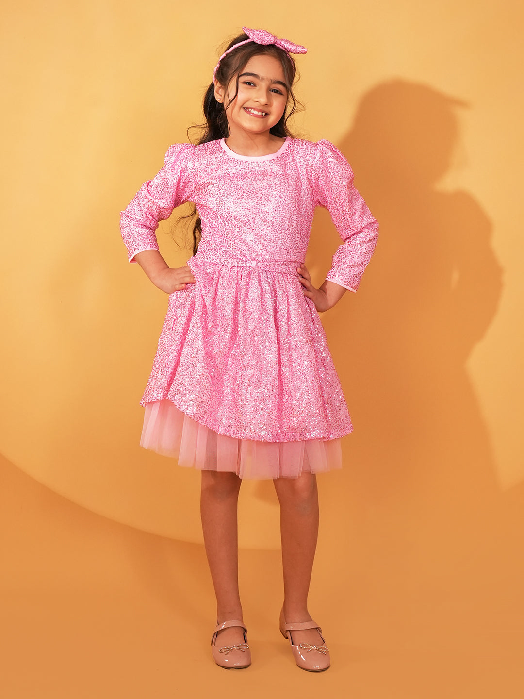 Pink Sequins Party Wear Frock For Girls with Hairband