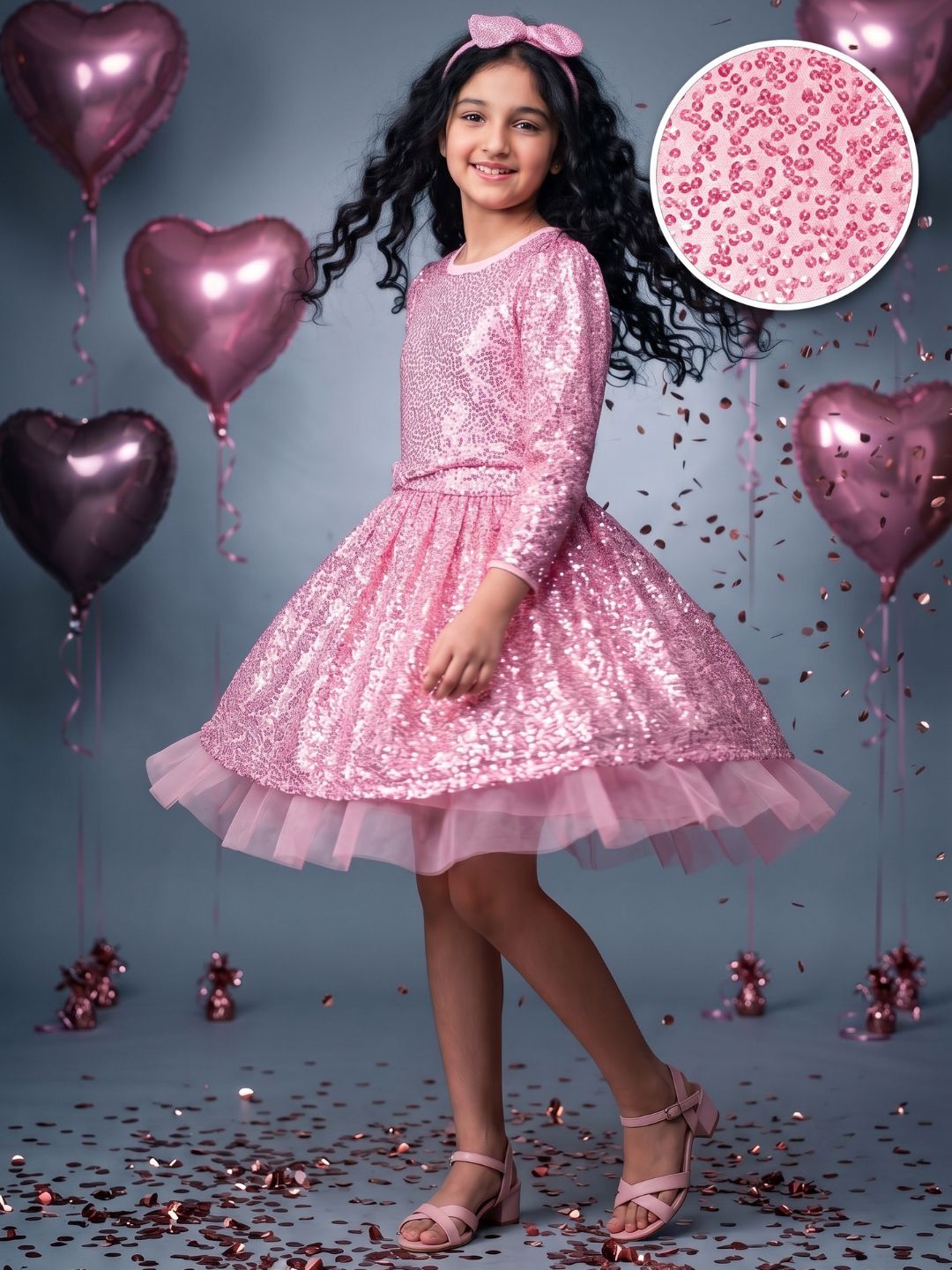 Pink Sequins Party Wear Frock For Girls with Hairband