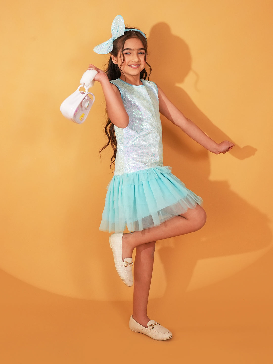 Sky-blue Sequins and Mesh Party Wear Frock For Girls with Hairband