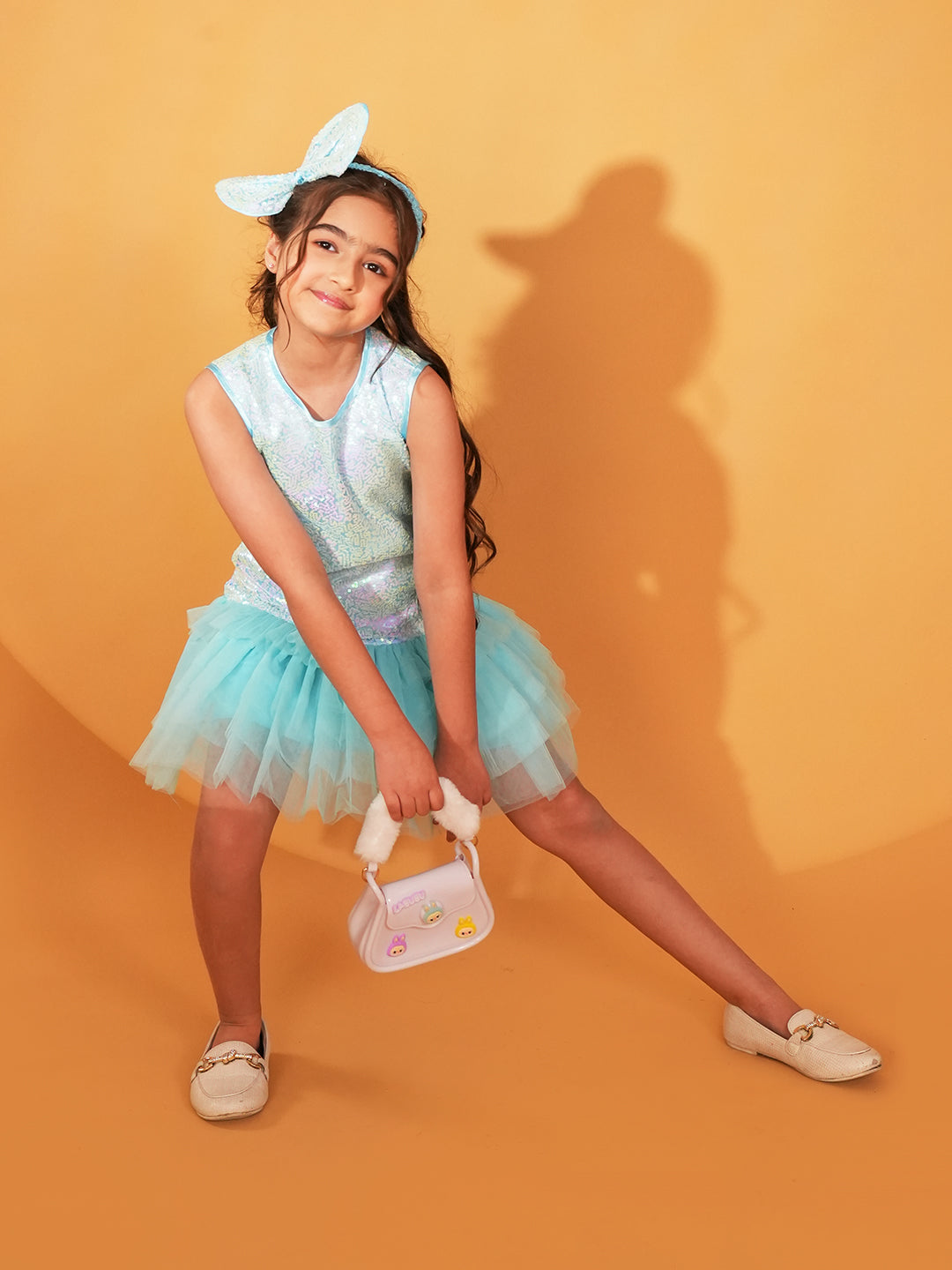 Sky-blue Sequins and Mesh Party Wear Frock For Girls with Hairband