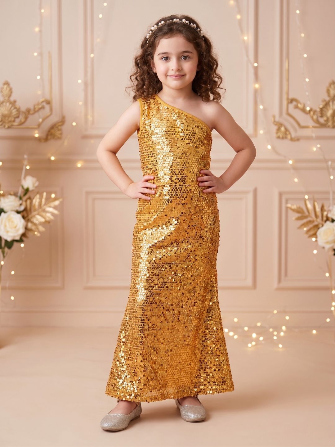 Golden Sequins Party Wear Dress For Girls