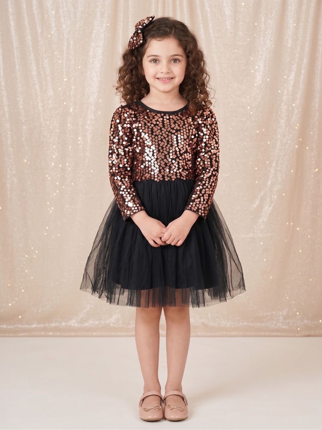 Black Sequins Sequins and Mesh Party Wear Frock For Girls