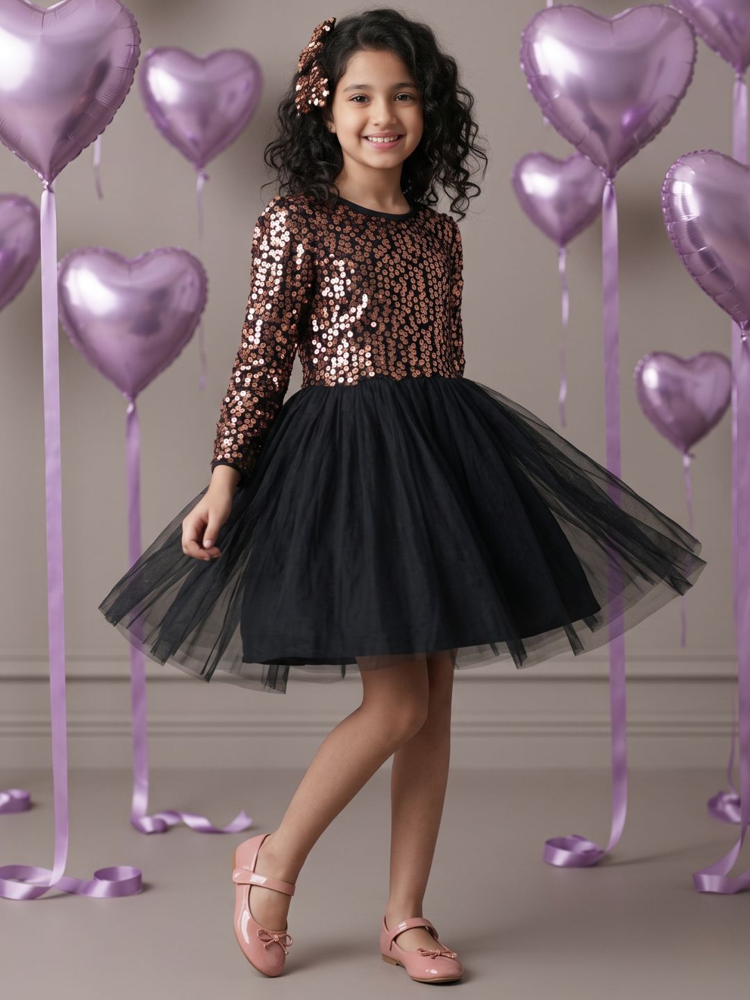 Black Sequins Sequins and Mesh Party Wear Frock For Girls