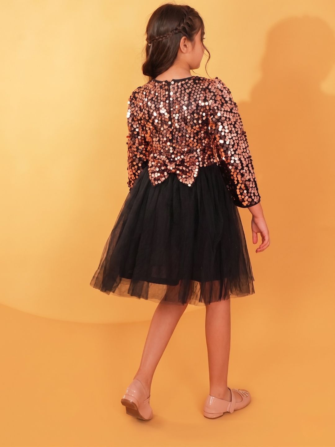 Black Sequins Sequins and Mesh Party Wear Frock For Girls