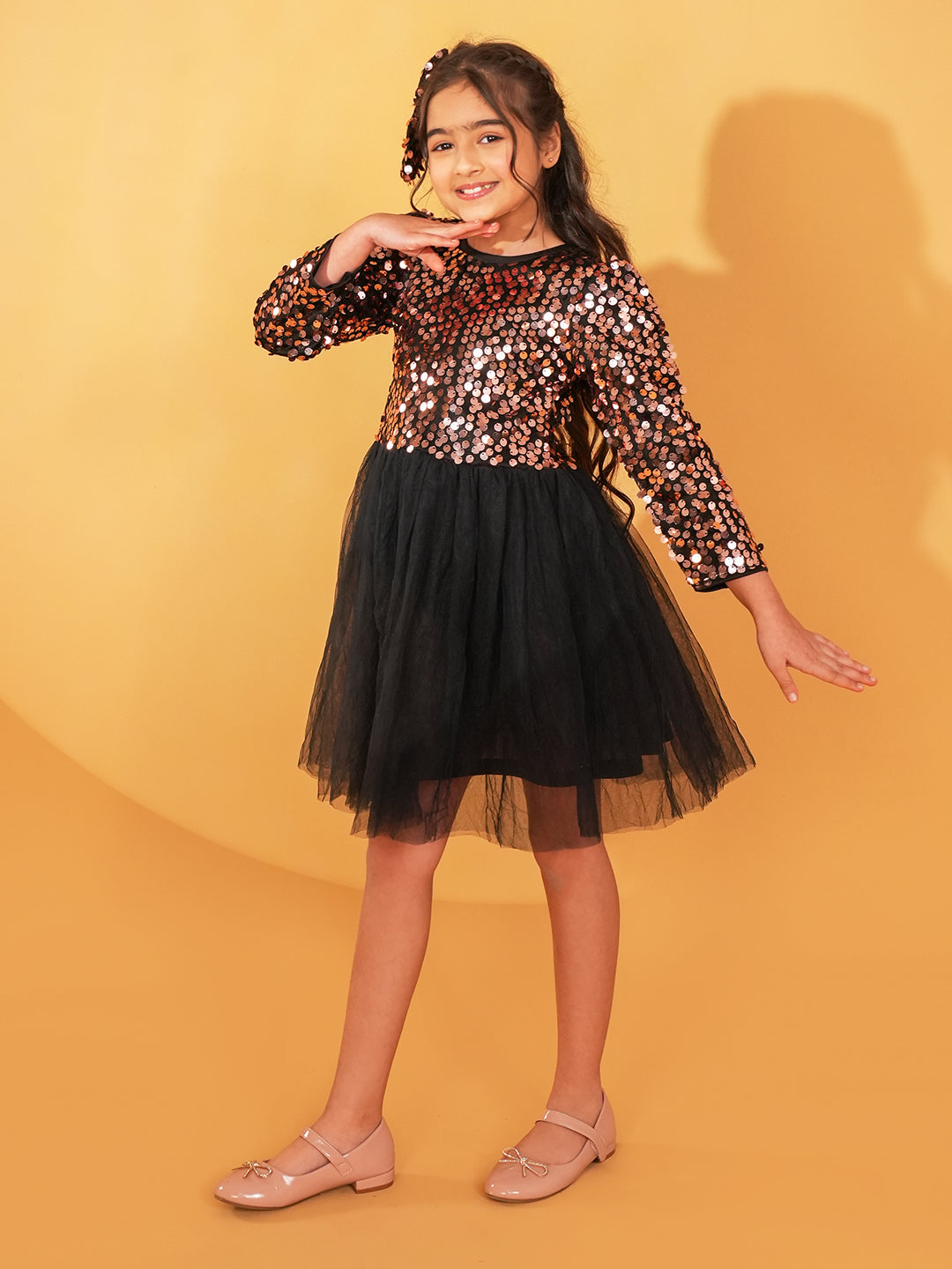 Black Sequins Sequins and Mesh Party Wear Frock For Girls