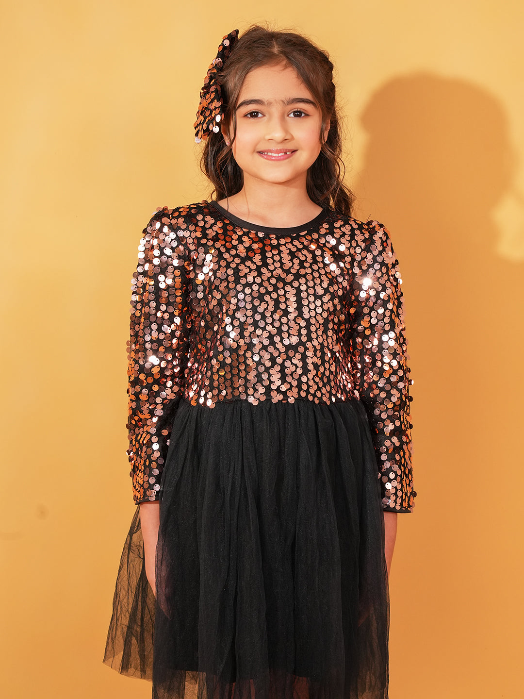 Black Sequins Sequins and Mesh Party Wear Frock For Girls