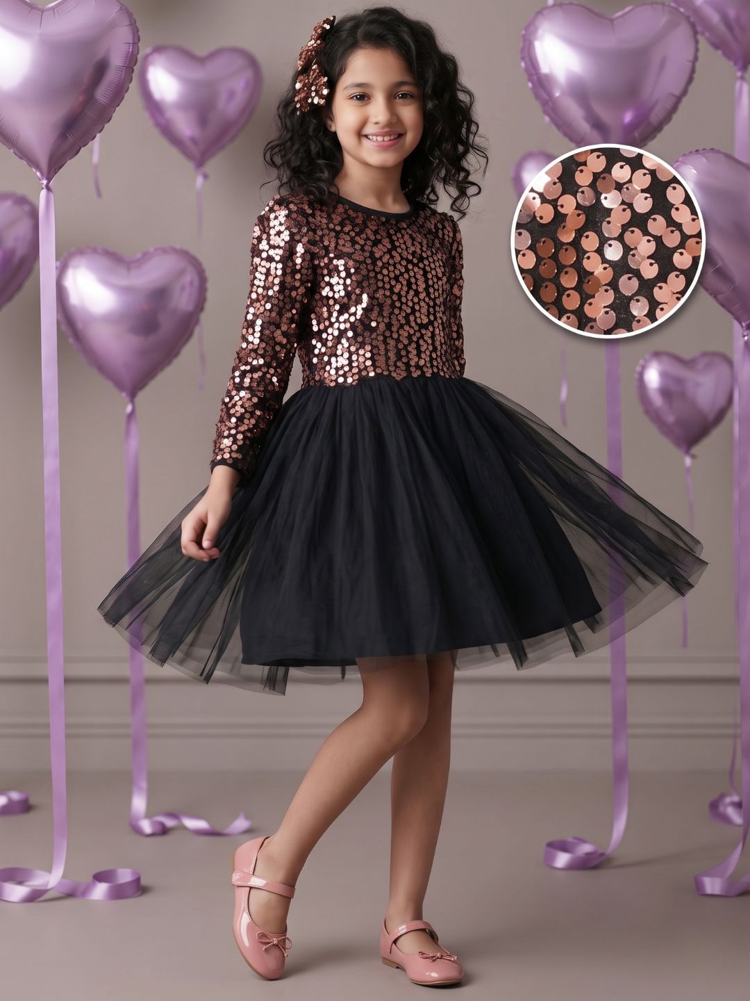 Black Sequins Sequins and Mesh Party Wear Frock For Girls