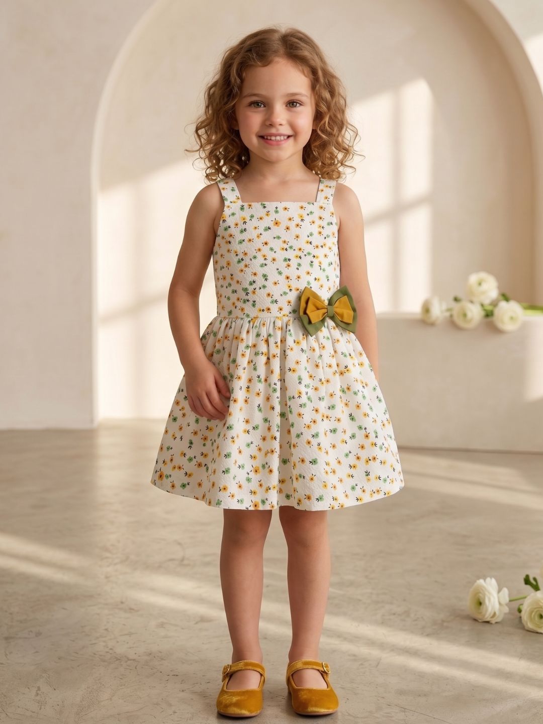 White Floral Print Cotton Dobby Frocks For Girls