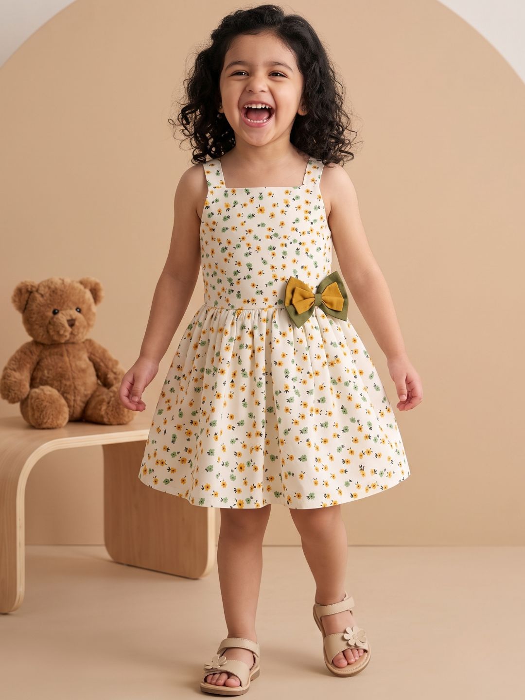 White Floral Print Cotton Dobby Frocks For Girls