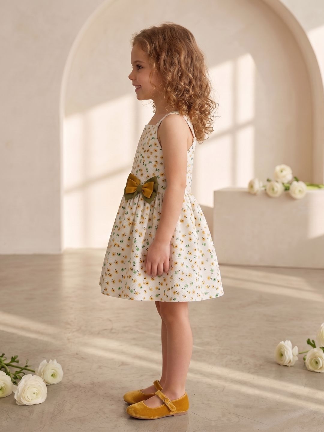 White Floral Print Cotton Dobby Frocks For Girls