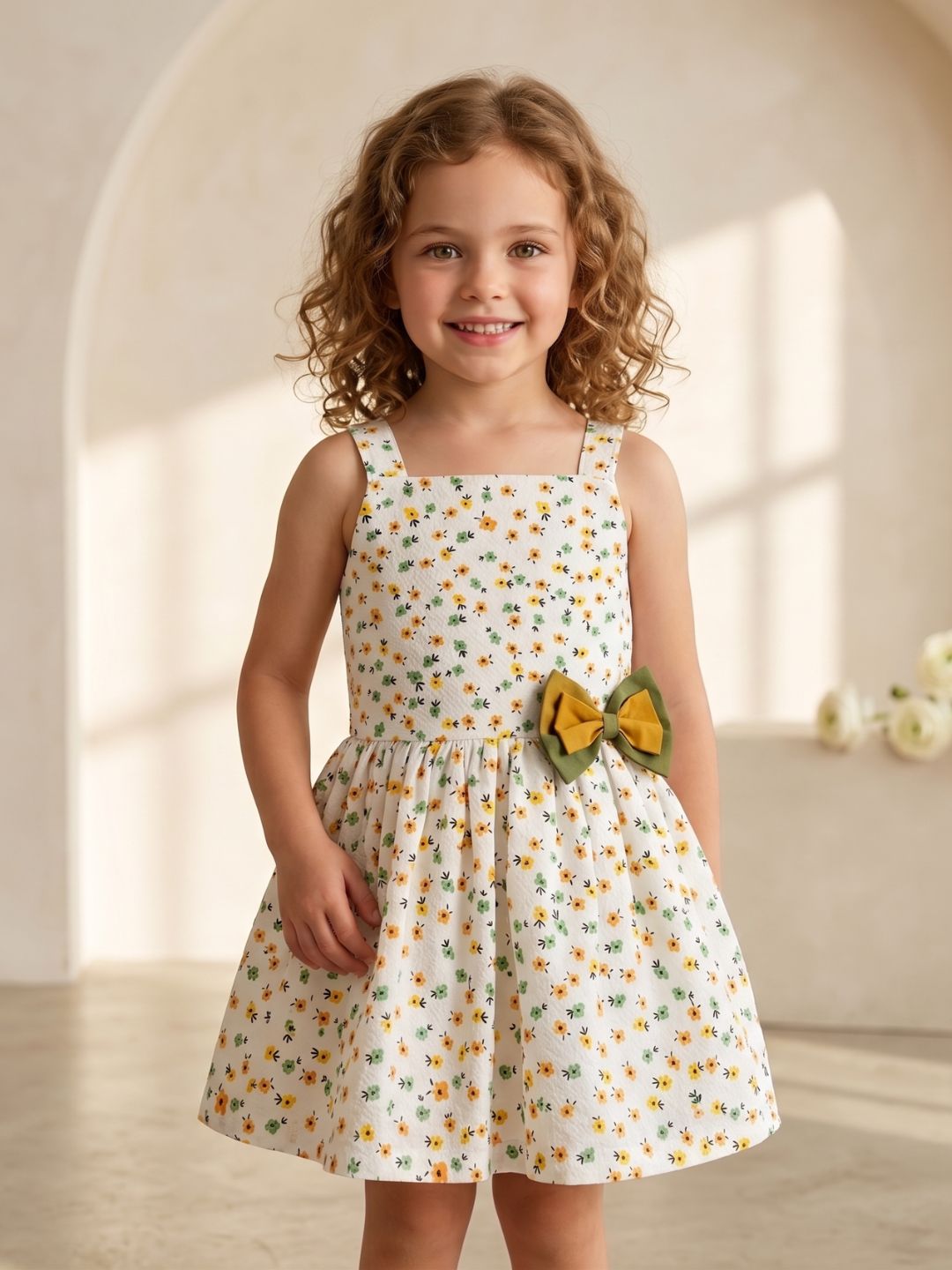 White Floral Print Cotton Dobby Frocks For Girls