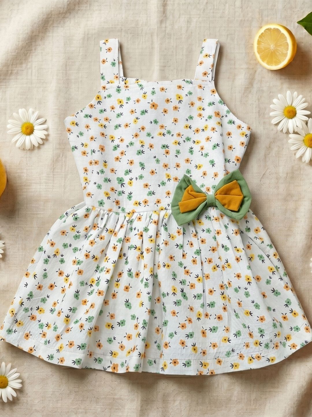 White Floral Print Cotton Dobby Frocks For Girls