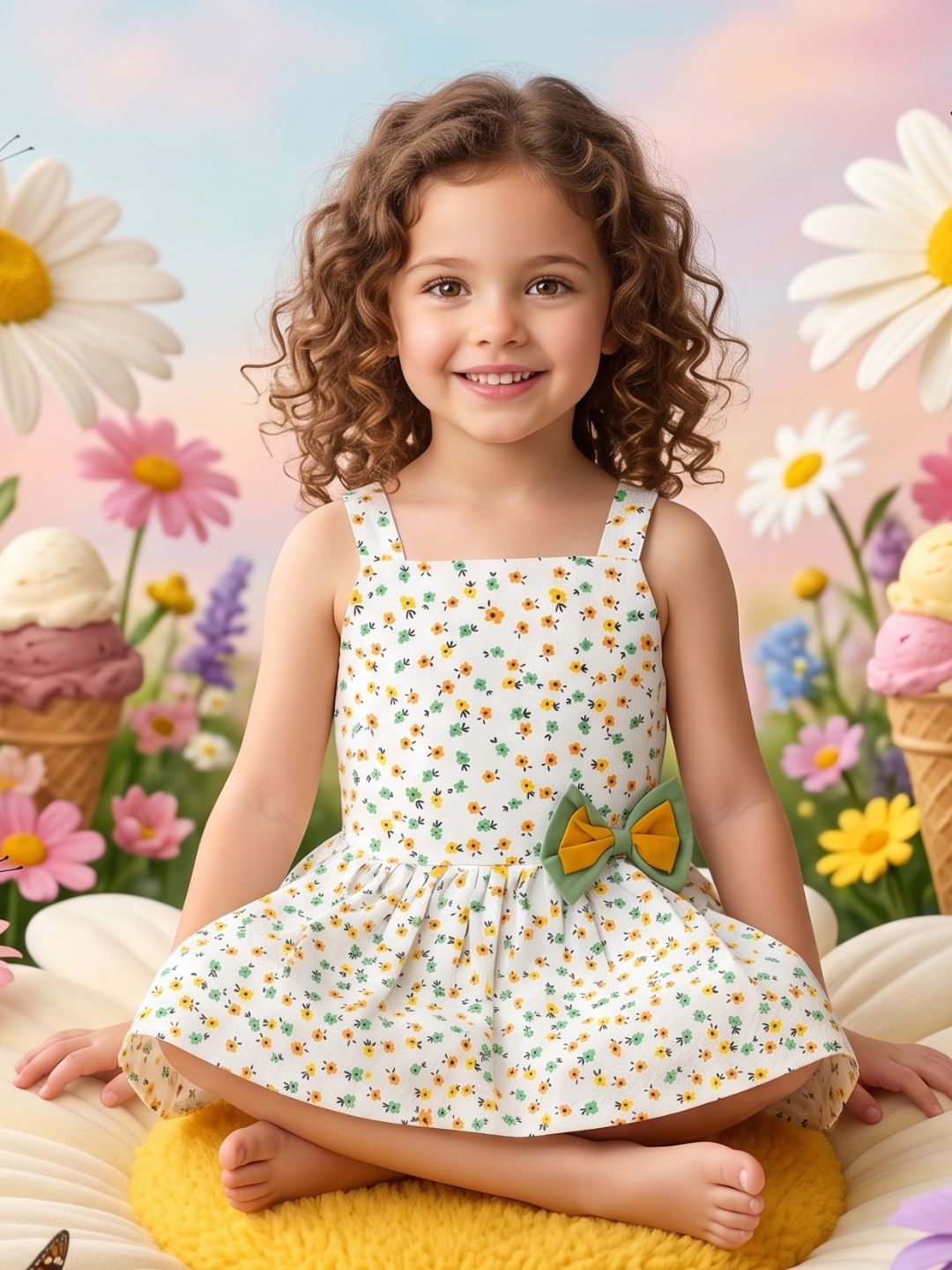 White Floral Print Cotton Dobby Frocks For Girls