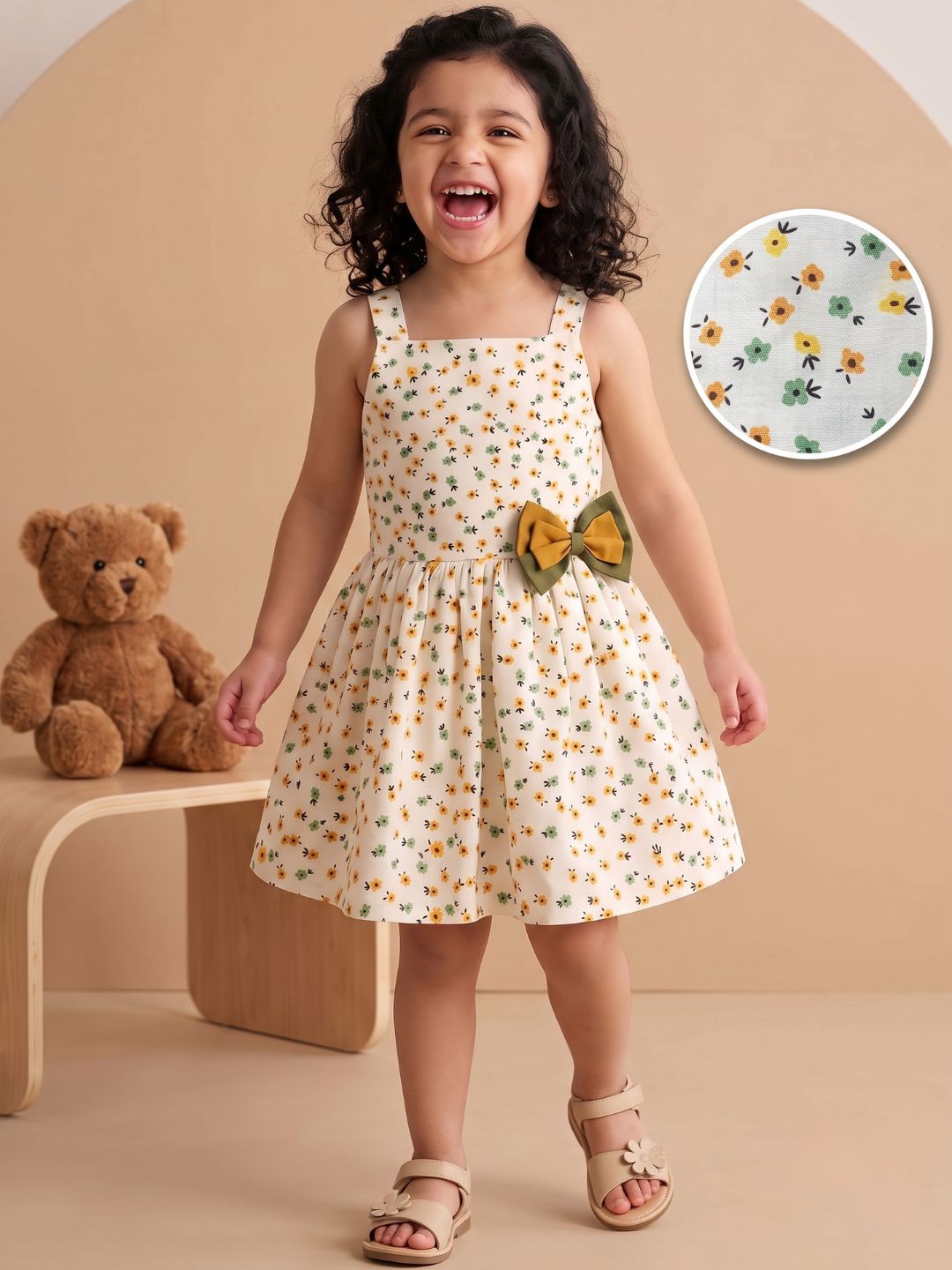 White Floral Print Cotton Dobby Frocks For Girls