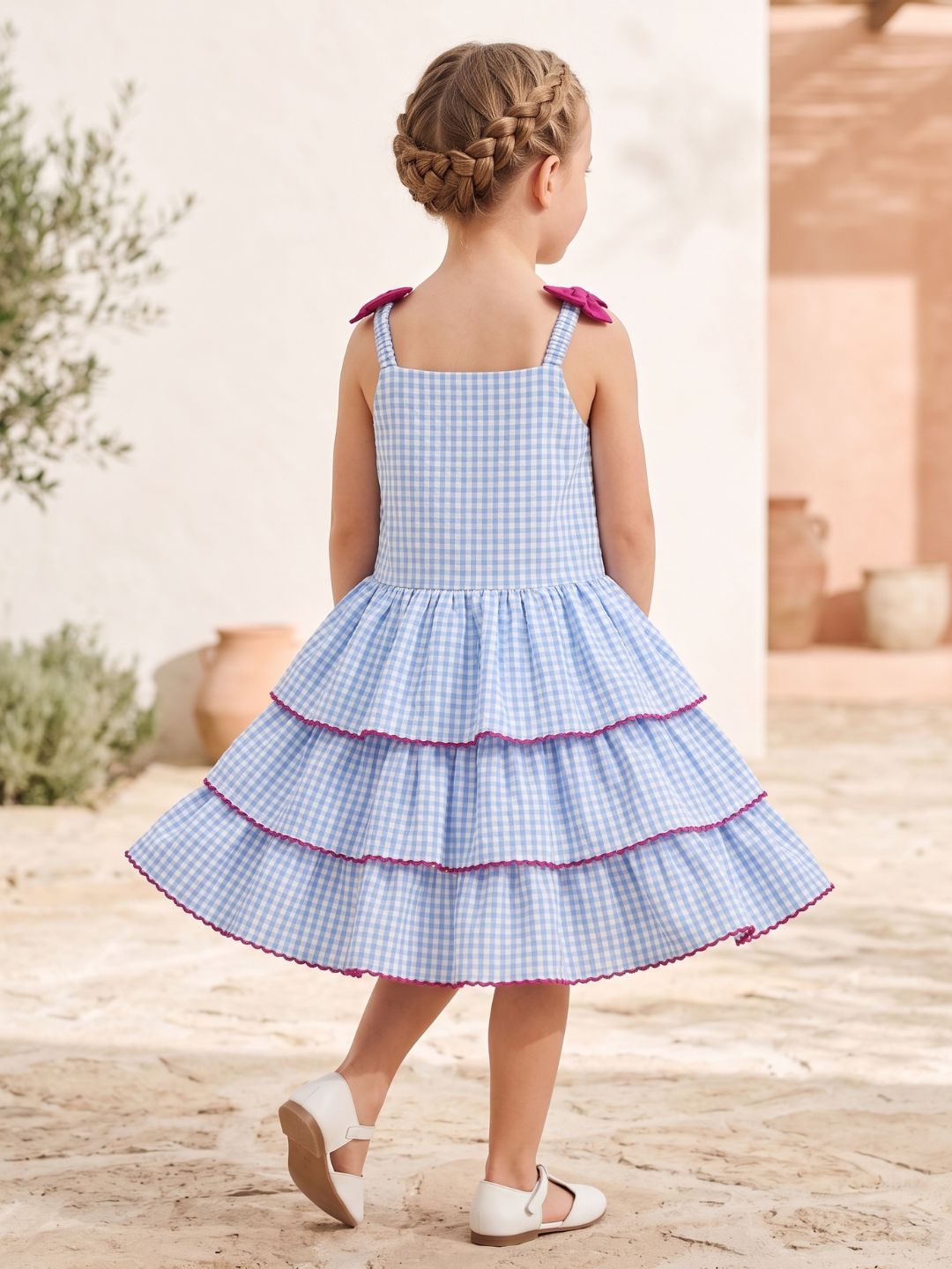 Sky Blue Checks Print Cotton Frocks For Girls