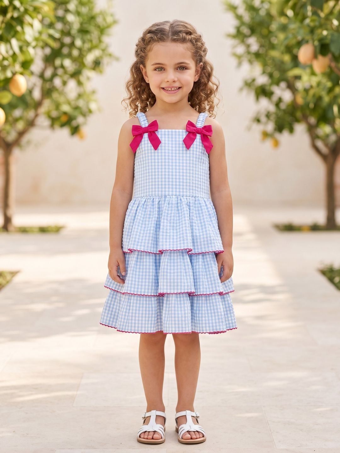 Sky Blue Checks Print Cotton Frocks For Girls