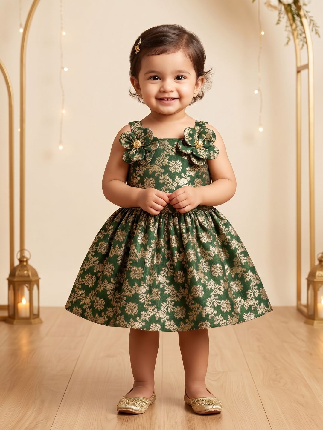 AJ Dezines Green Floral Embroidery Brocade Frocks For Girls