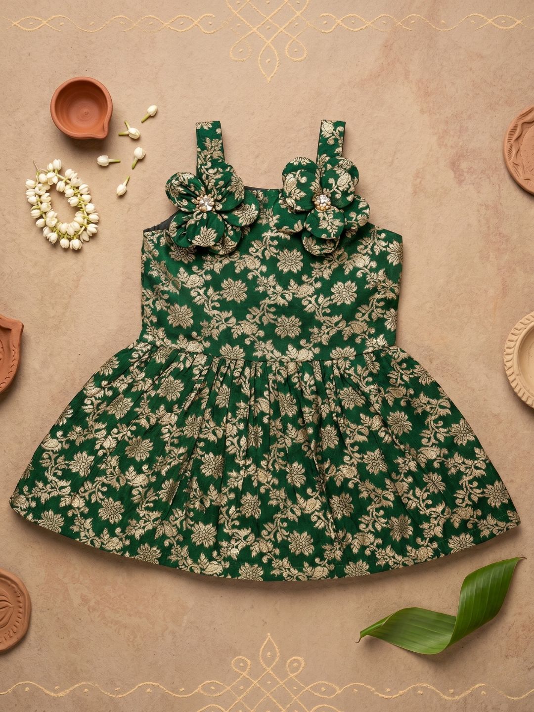 AJ Dezines Green Floral Embroidery Brocade Frocks For Girls