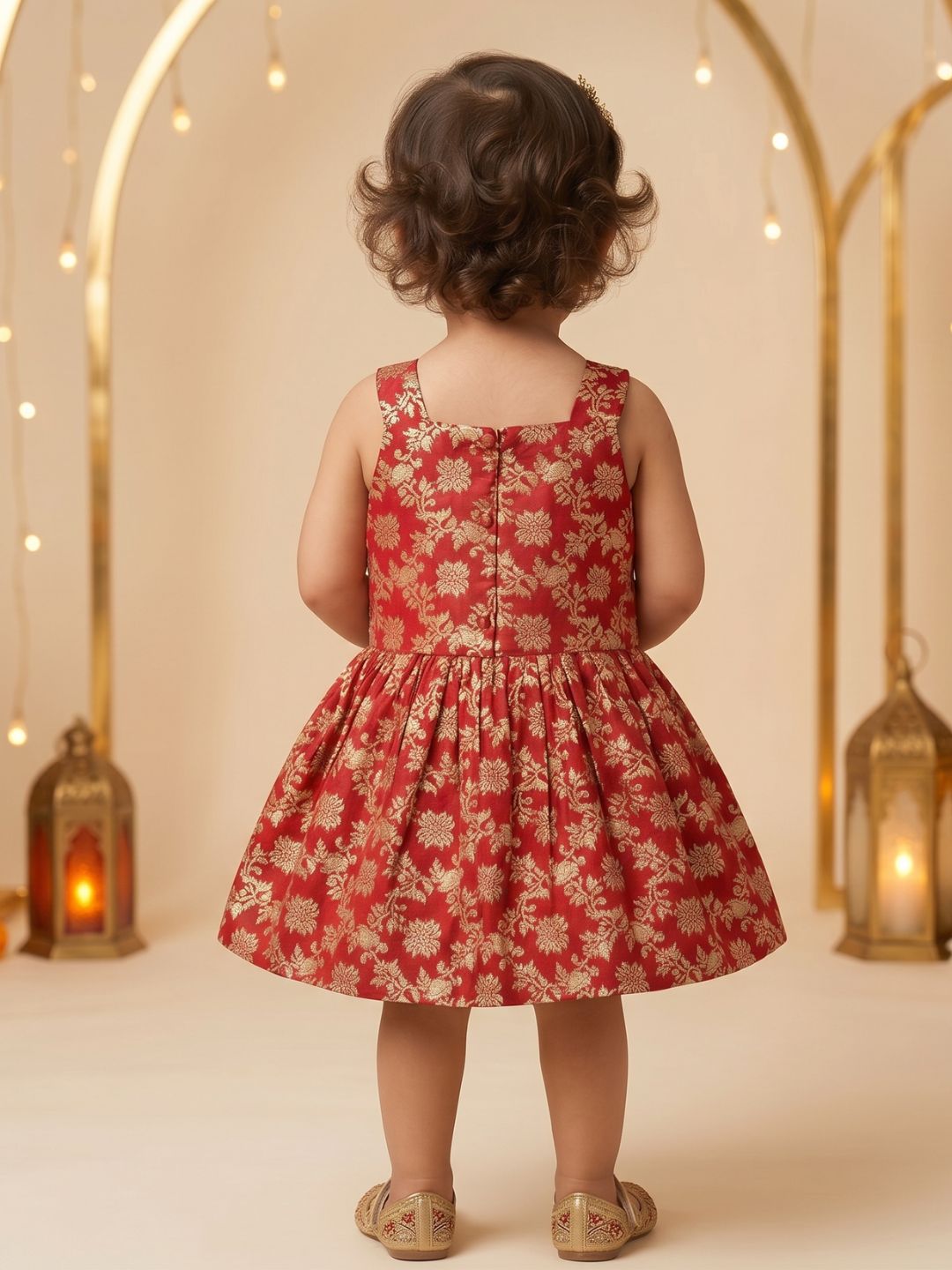 AJ Dezines Red Floral Embroidery Brocade Frocks For Girls