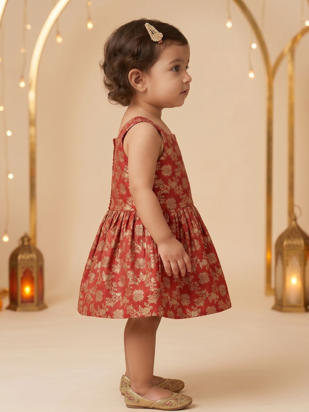 AJ Dezines Red Floral Embroidery Brocade Frocks For Girls