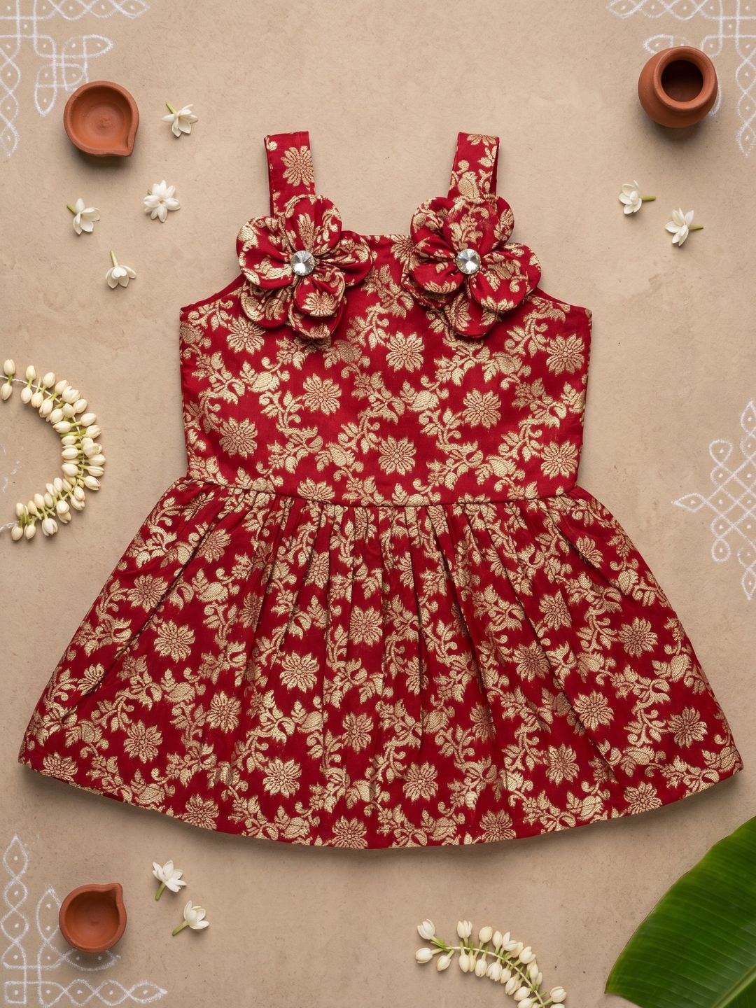 AJ Dezines Red Floral Embroidery Brocade Frocks For Girls