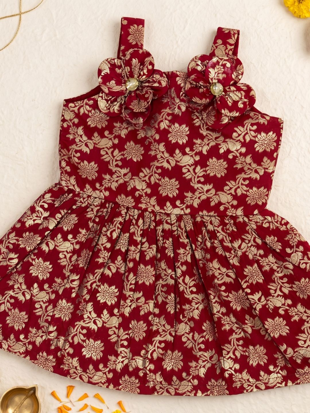 AJ Dezines Red Floral Embroidery Brocade Frocks For Girls