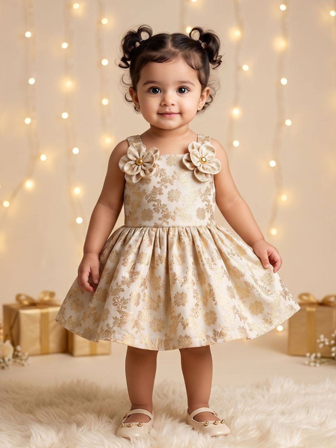 AJ Dezines White Floral Embroidery Brocade Frocks For Girls