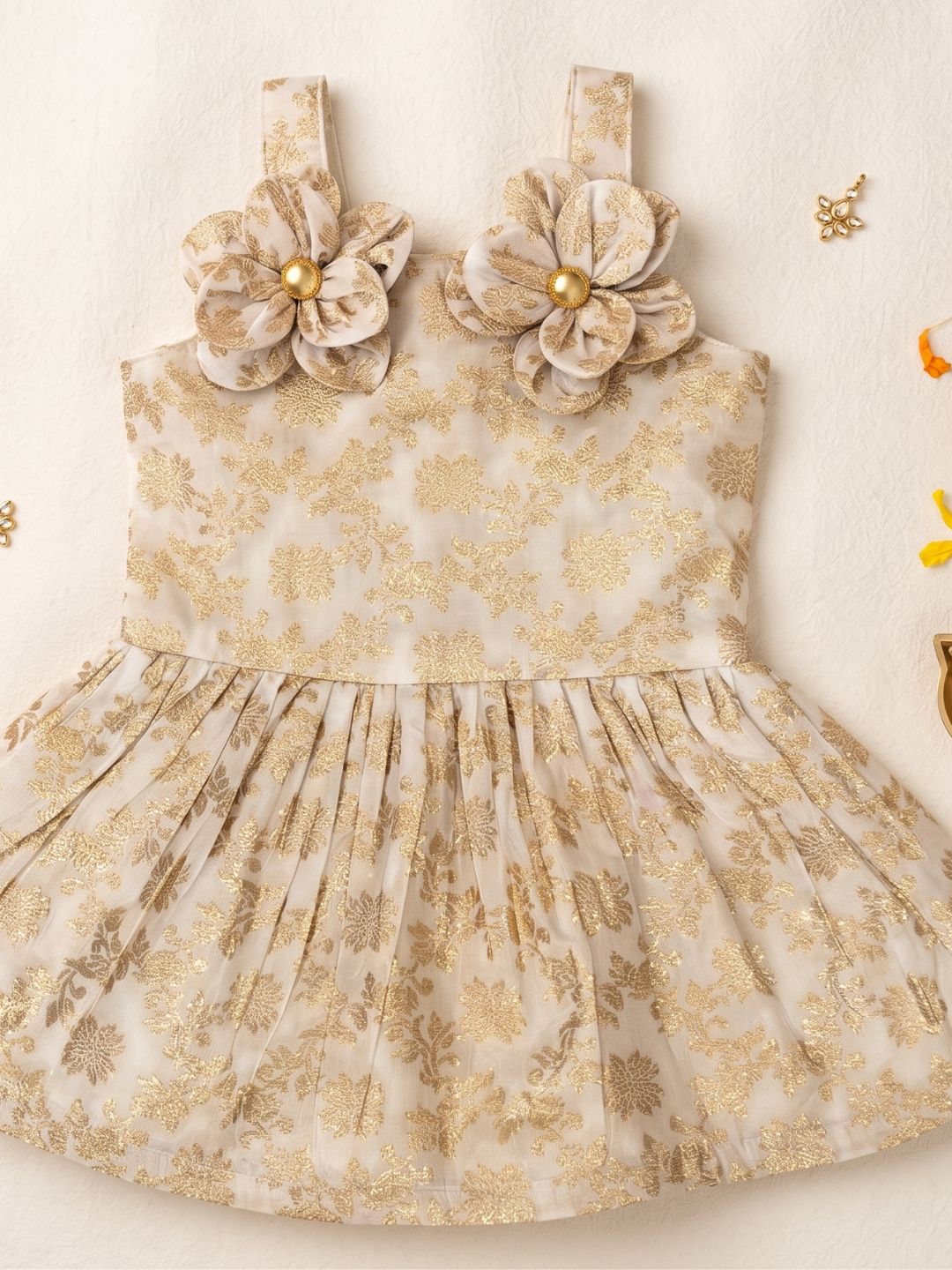 AJ Dezines White Floral Embroidery Brocade Frocks For Girls