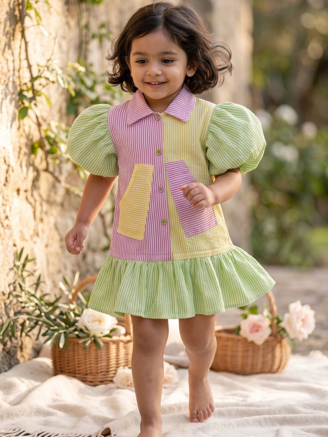 Green Stripes Cotton Frocks For Girls