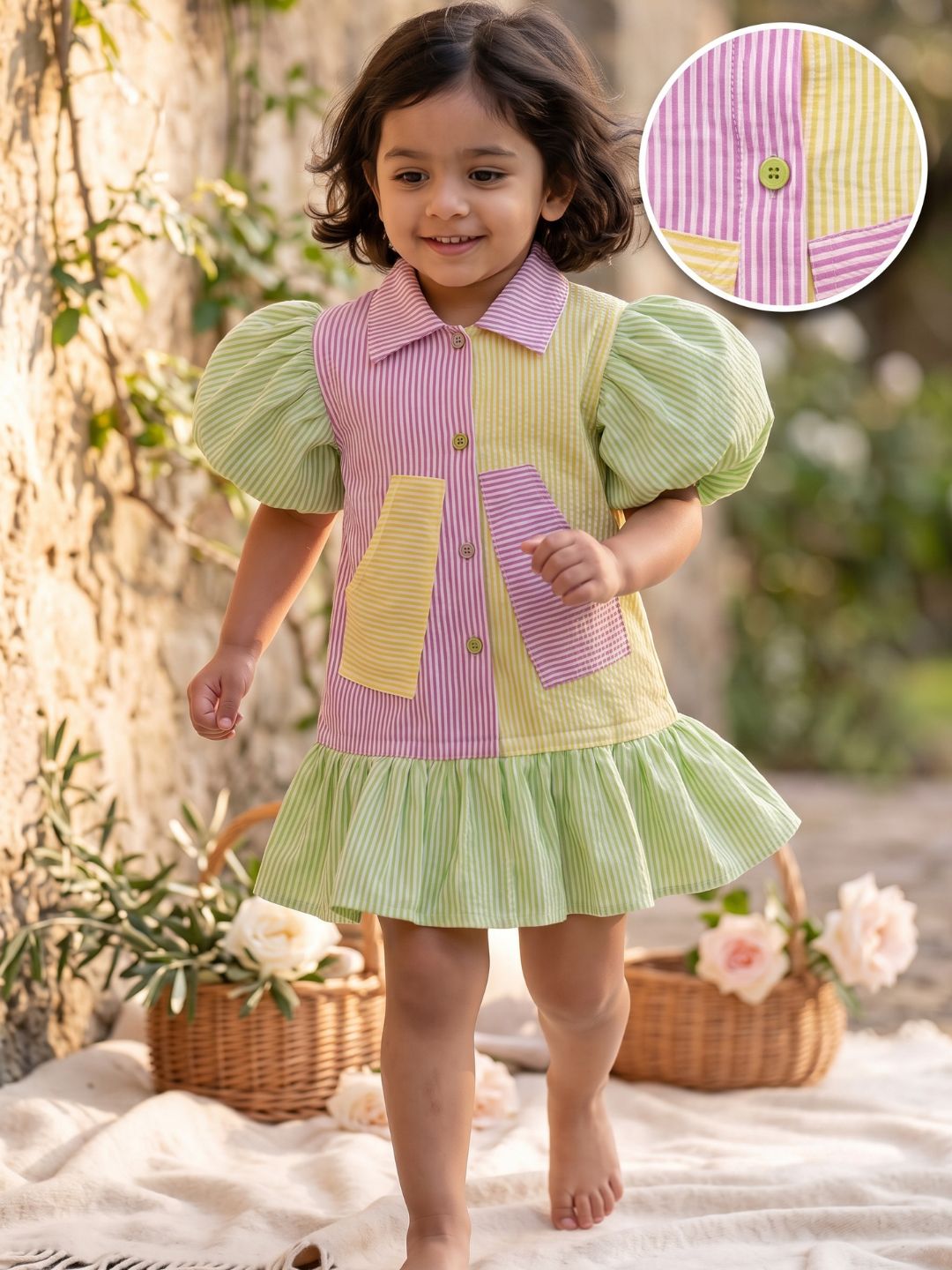 Green Stripes Cotton Frocks For Girls