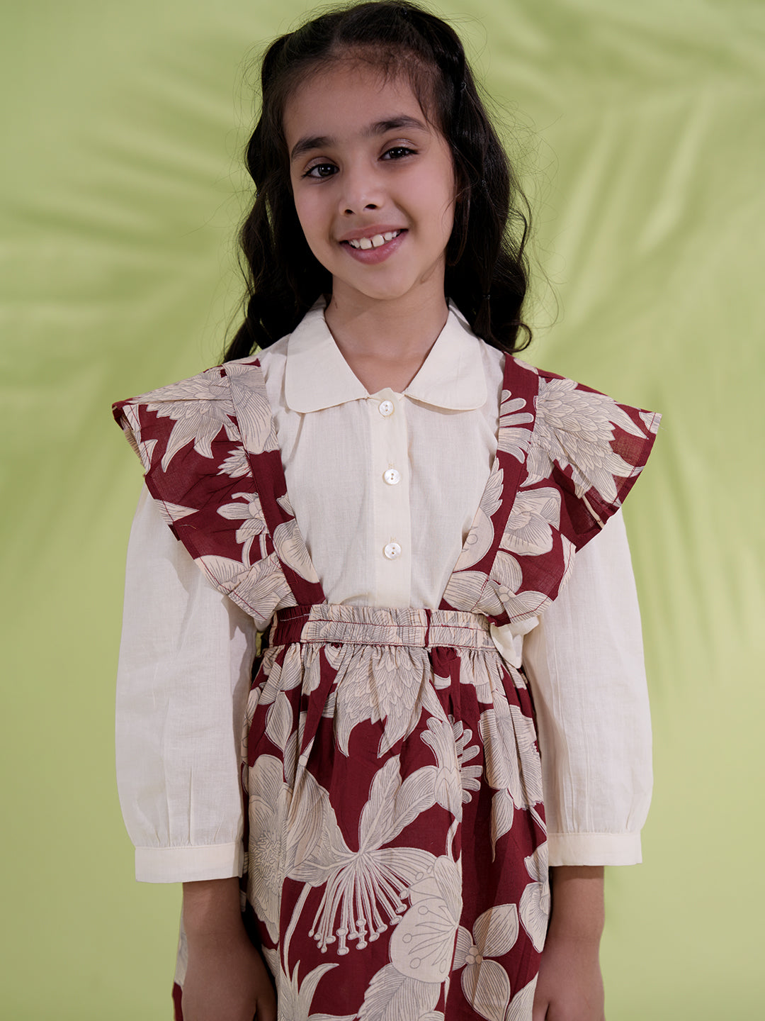 Maroon Floral Pure Cotton Pinafore Dress For Girls