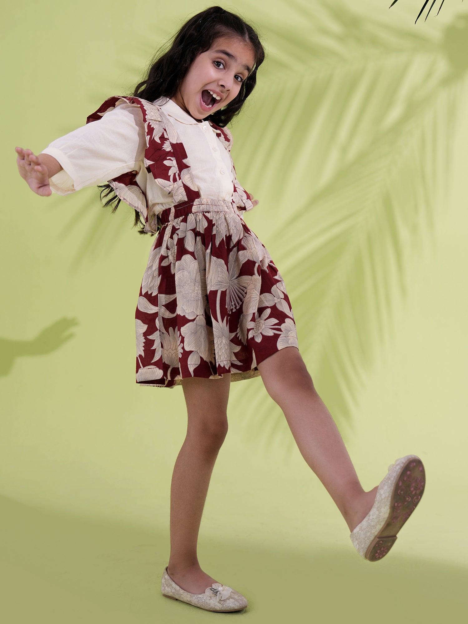 Maroon Floral Pure Cotton Pinafore Dress For Girls