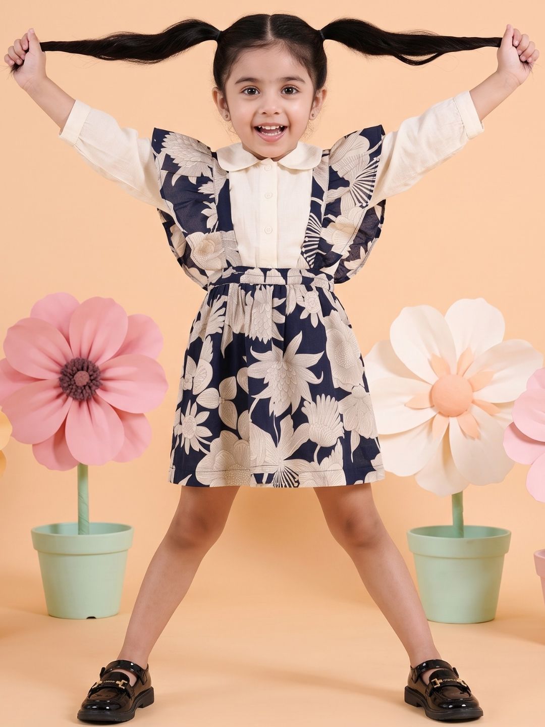 AJ Dezines Navy Blue Floral Pure Cotton Pinafore Dress For Girls