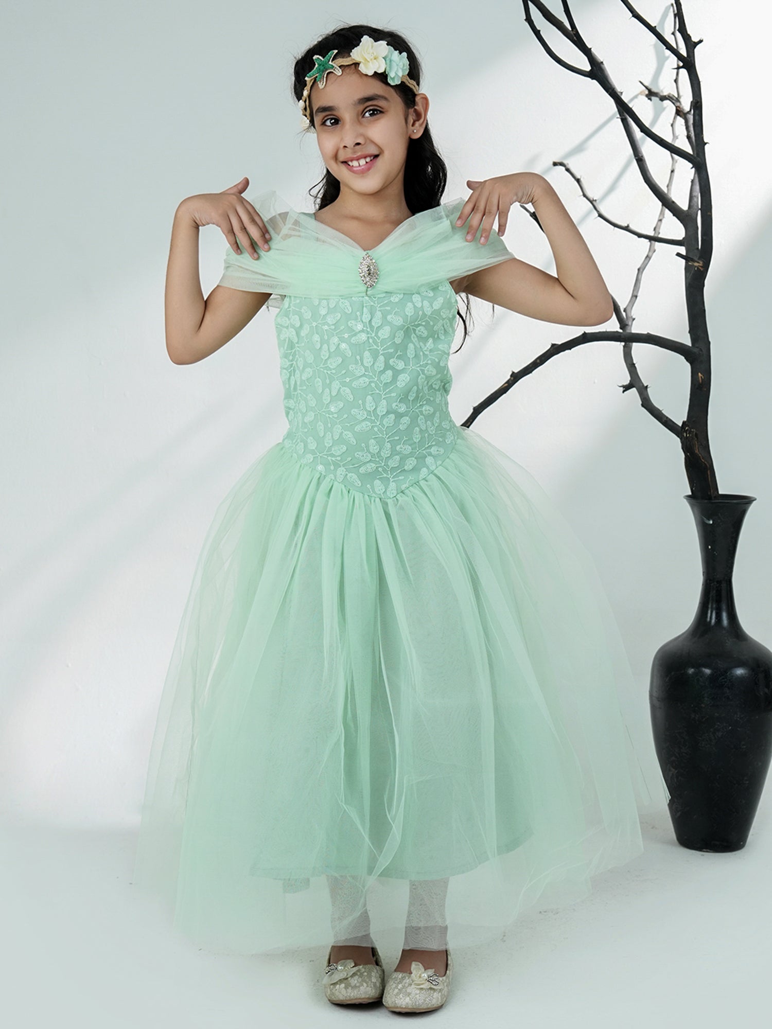 Sea Green Net Sleeveless Embroidered Gown with Brooch