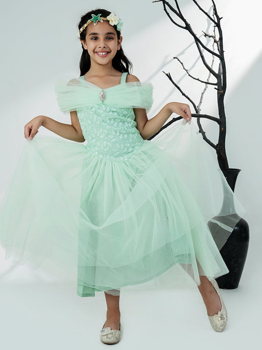 Aj Dezines Sea Green Net Sleeveless Embroidered Gown with Brooch